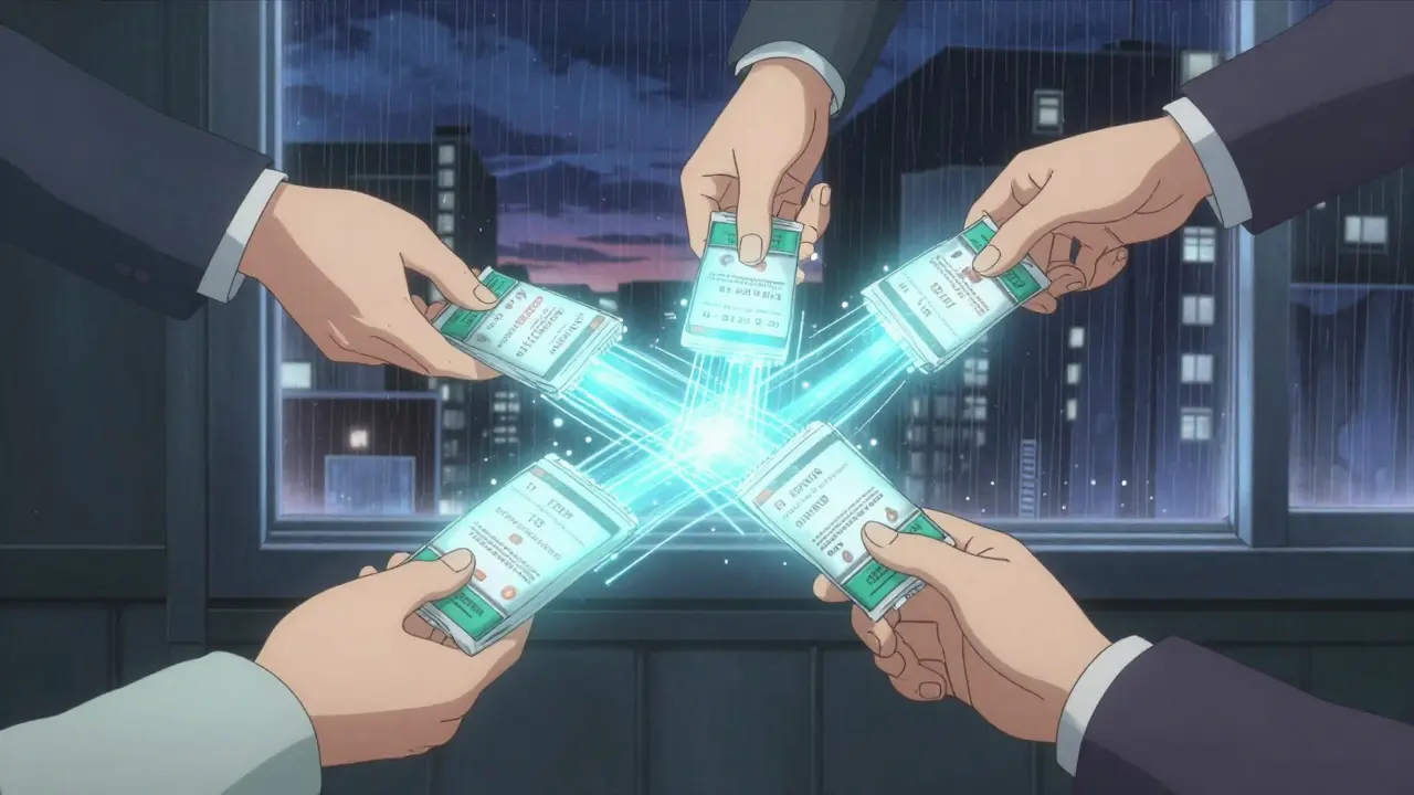 Hands pass a glowing pill package through a tunnel of transaction data, symbolizing supply chain verification.
