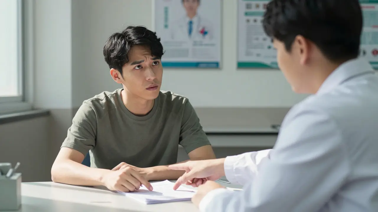 Patient discussing paperwork with a healthcare provider in office