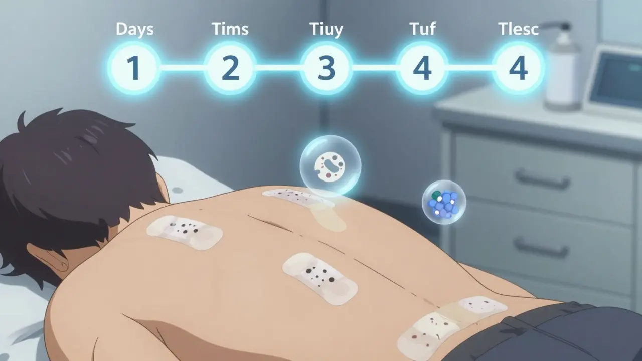 Patient’s back covered in patch test strips in a clinic, with floating icons of common allergens nearby.