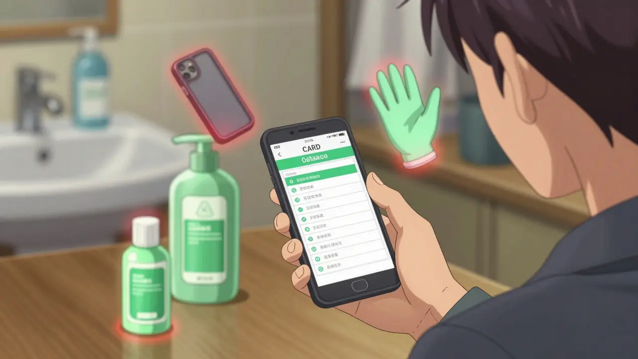 Person surrounded by everyday items emitting warning halos, holding a phone showing safe product database.