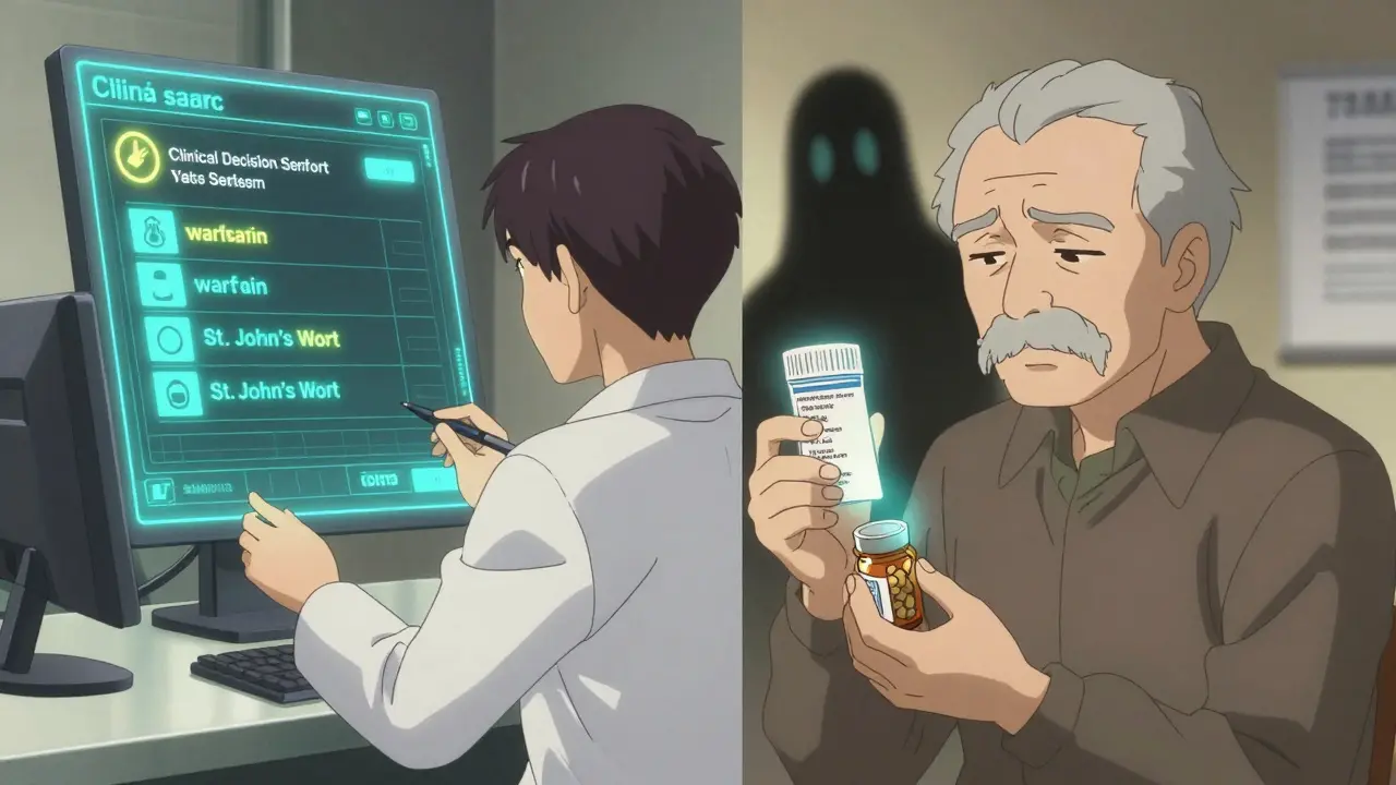 Pharmacist reviewing drug interactions on a digital system while a patient's duplicate prescription floats nearby.