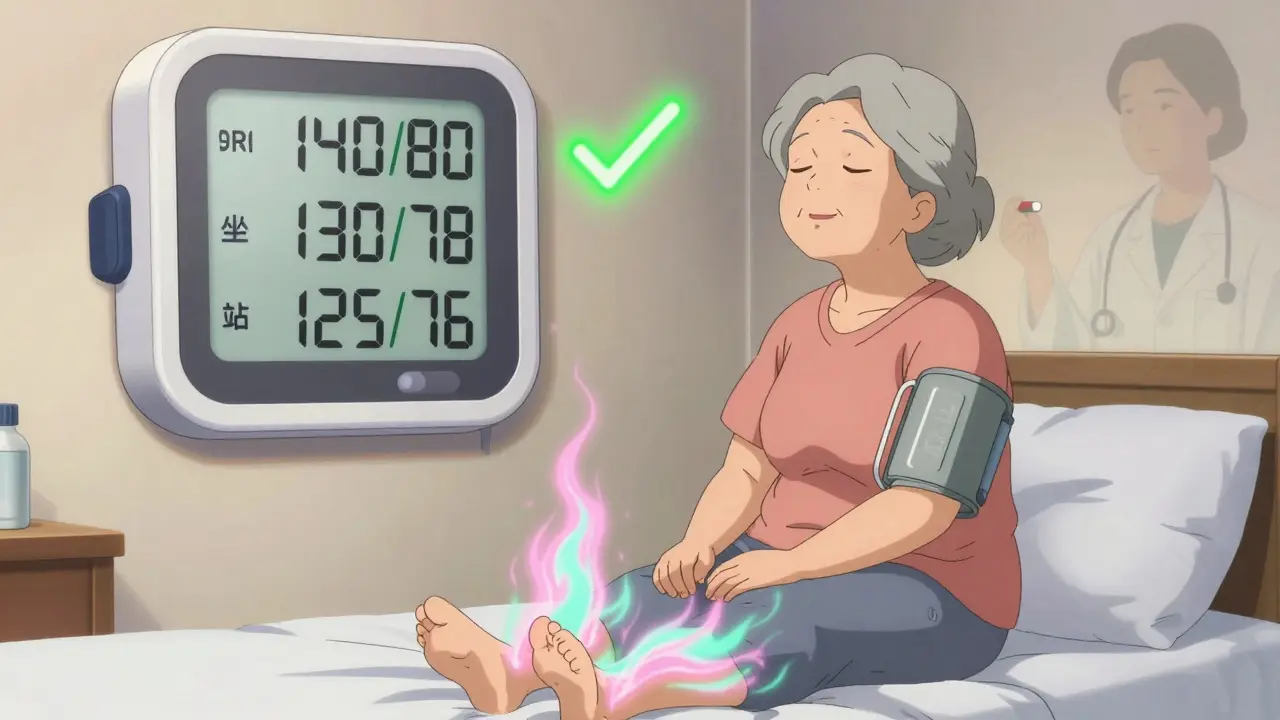 Senior woman sitting on bed at dawn, monitoring blood pressure in three positions with calming energy flows.