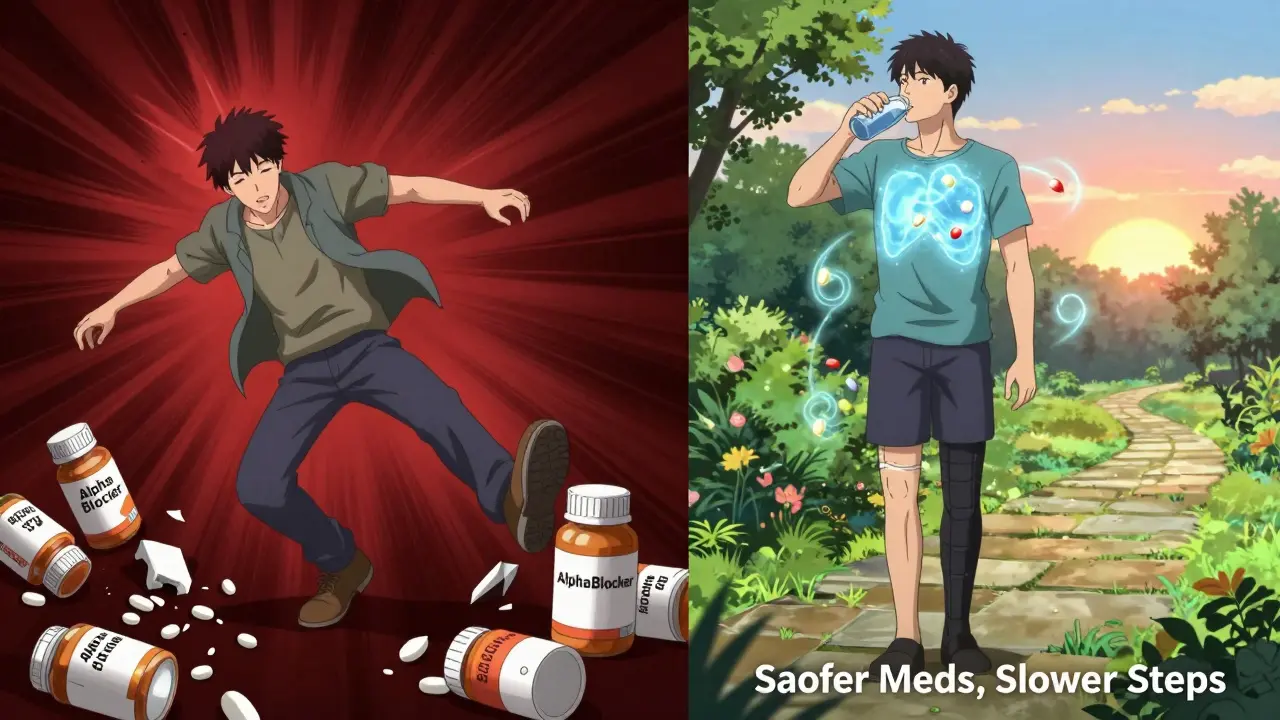 Split scene: man falling from orthostatic hypotension vs. same man walking safely with compression socks and ARB therapy.