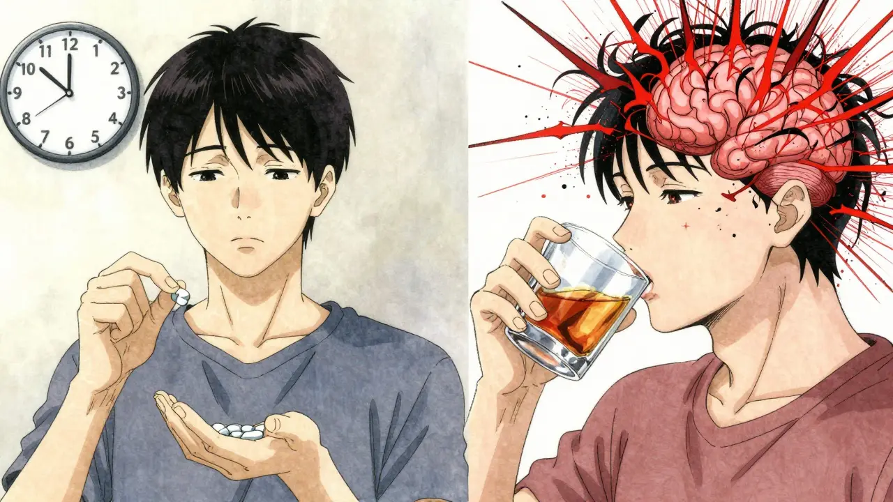 Split scene: one side shows calm sobriety with pills, the other shows a single drink causing chaotic brain static.
