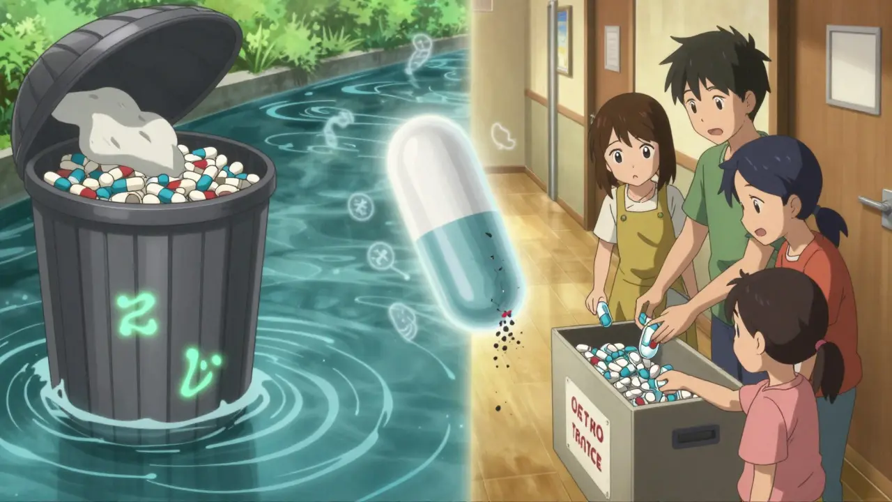 Split scene: toxic flushed pills polluting a river vs. family safely returning meds to a pharmacy drop-off.