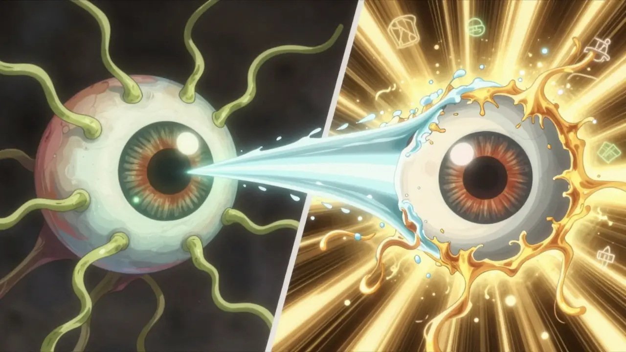 Split visual: corrosive chemical invading eye vs. water neutralizing it with glowing light.
