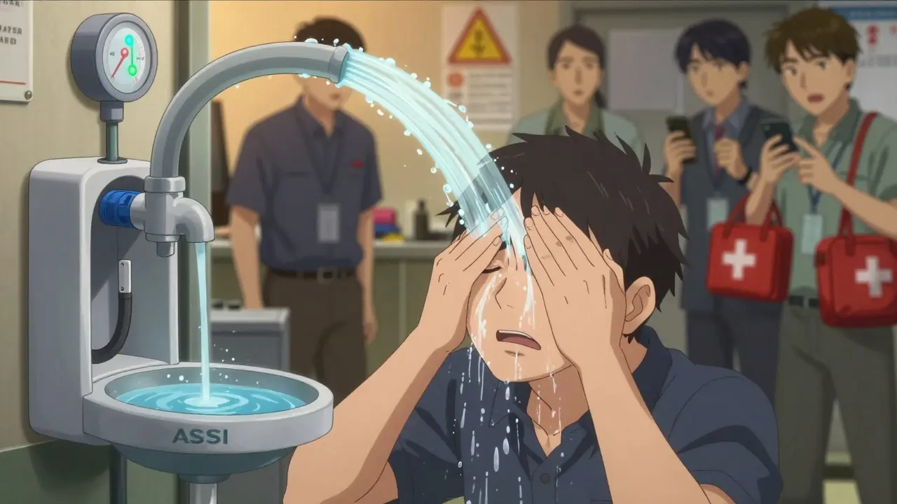 Worker using workplace eyewash station, water cascading over face, pH meter glowing green.