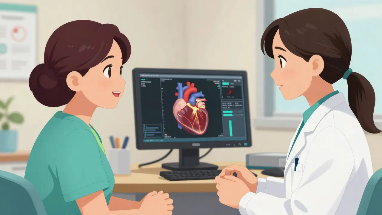 A woman discussing her heart health with a cardiologist in a modern clinic.