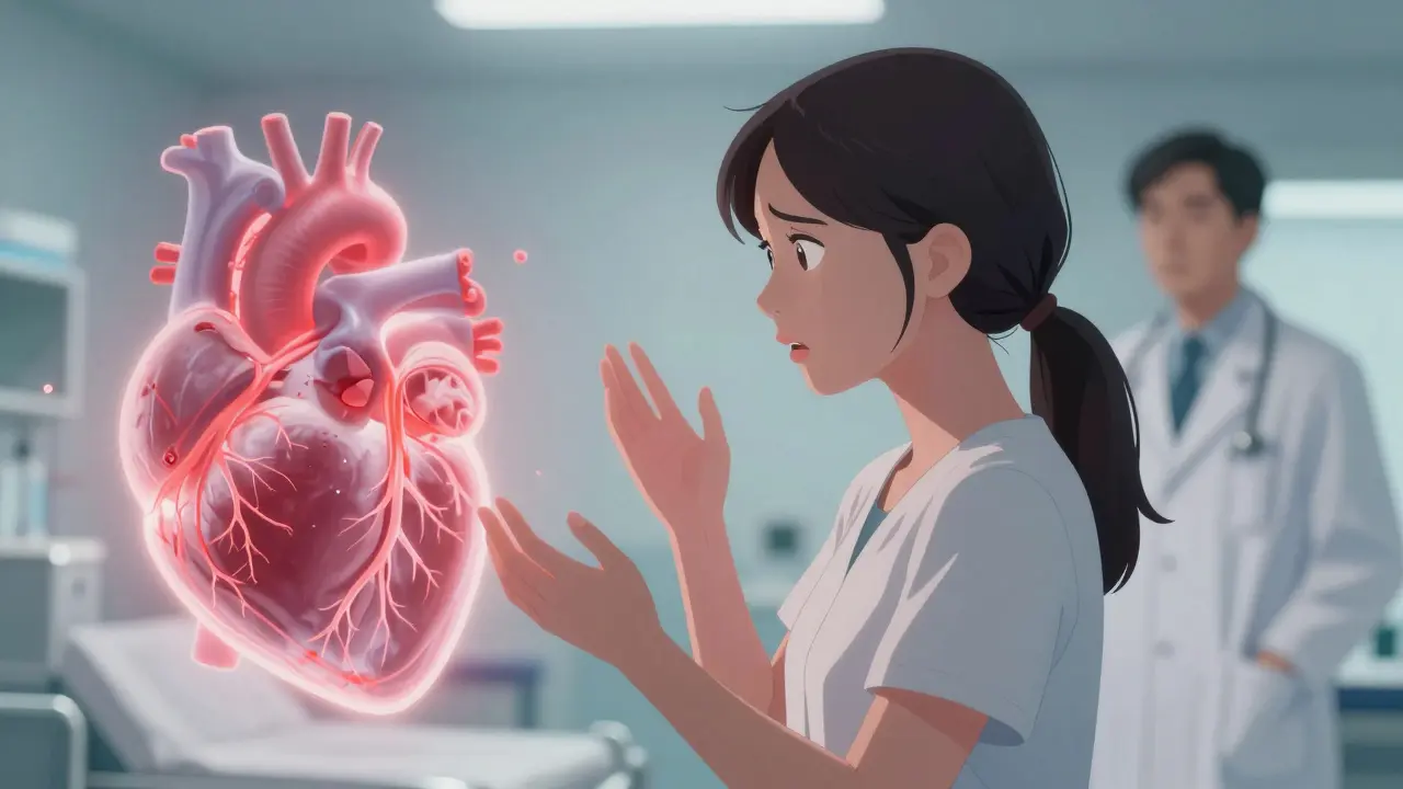 A woman in a clinical setting with a conceptual overlay of heart arteries.