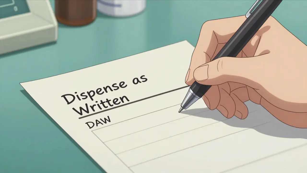 Close-up of a doctor writing Dispense as Written on a medical prescription