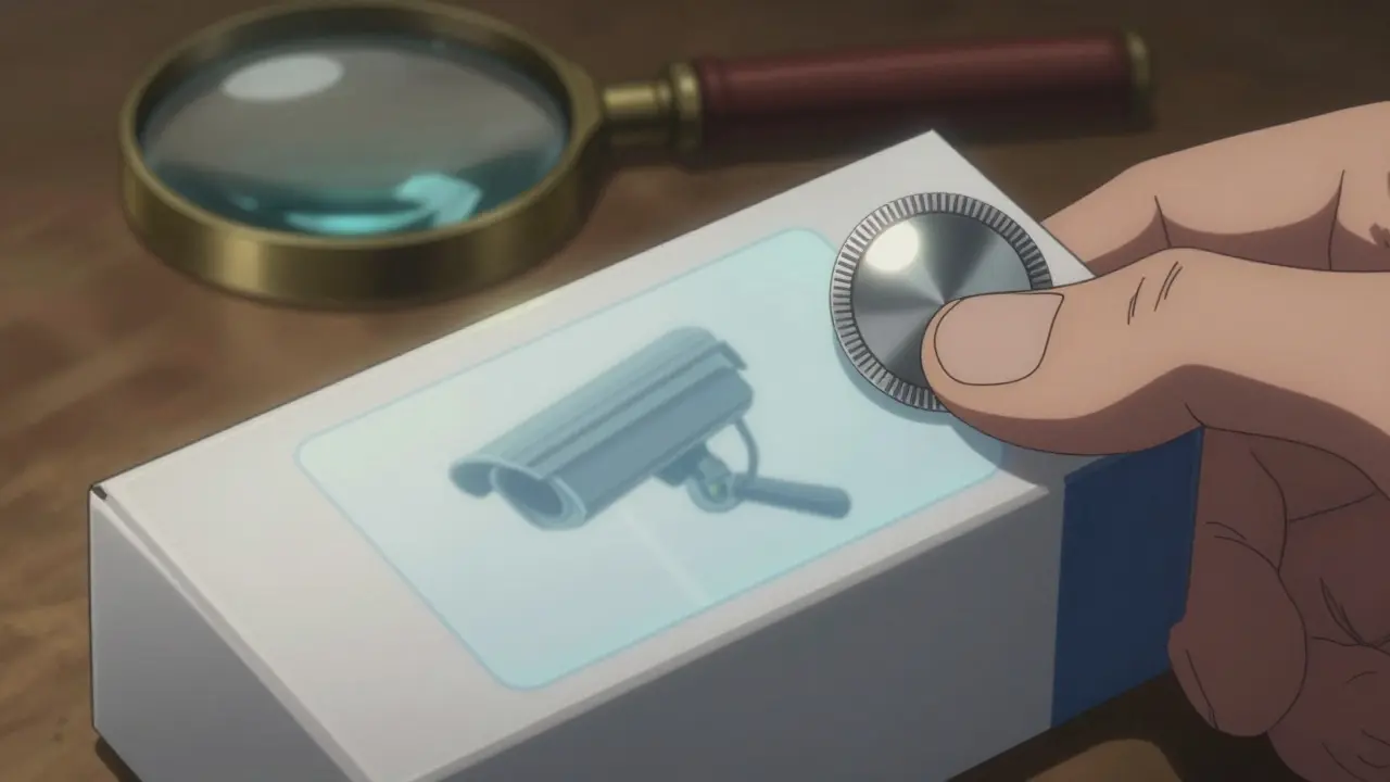 Close-up of a flat, blurry fake hologram on a pharmaceutical package.