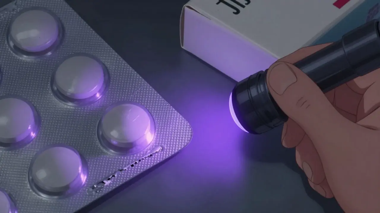 Comparison of a chipped pill and a medicine box lacking UV security marks.