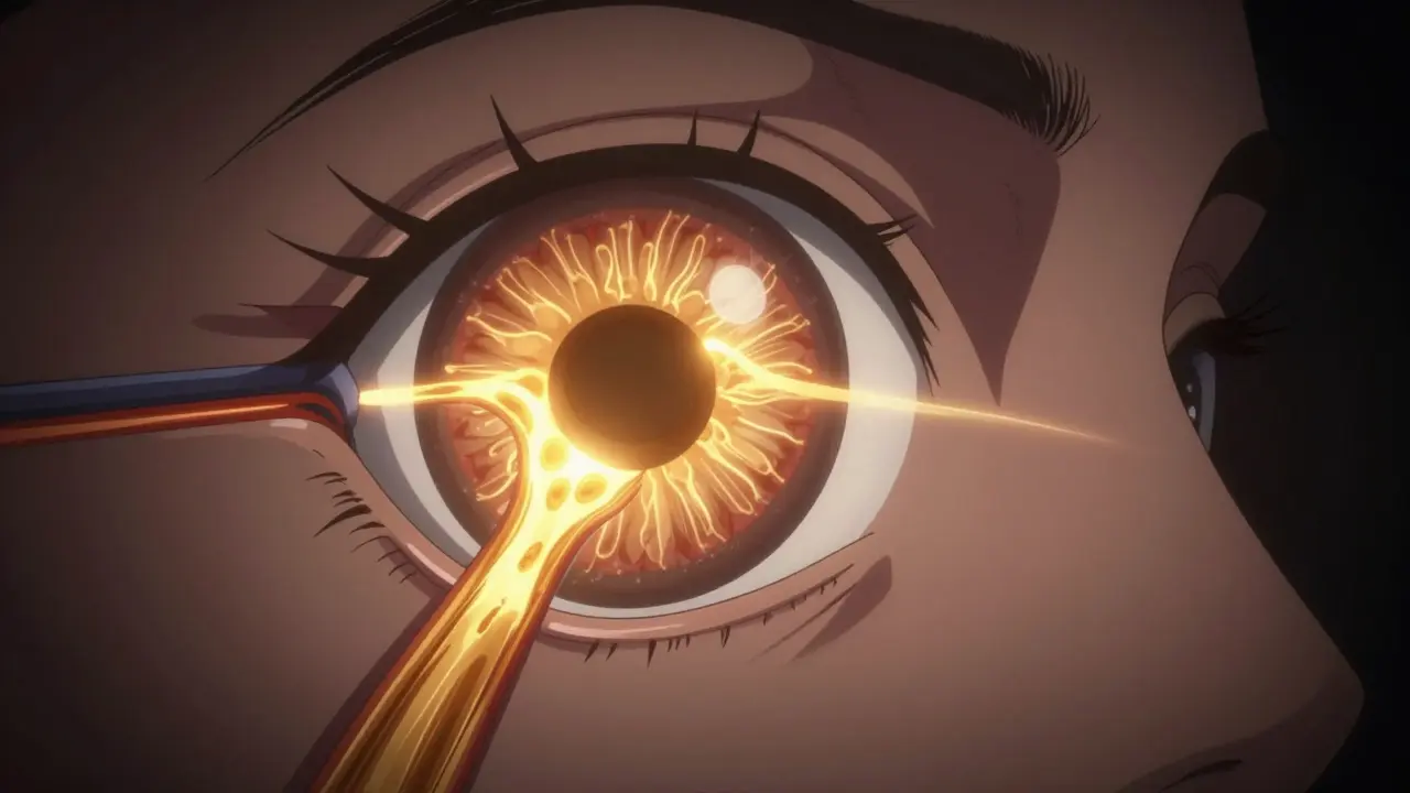 Conceptual anime illustration showing high fluid pressure inside a human eye.