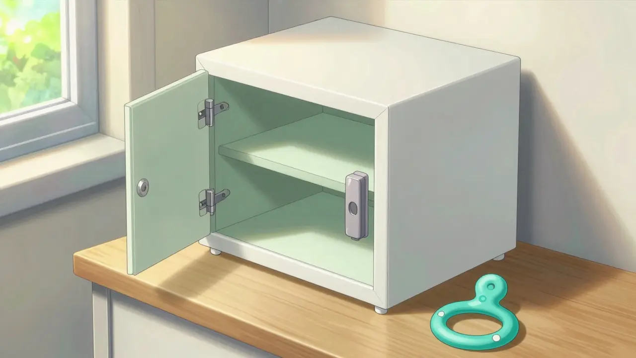 Locked medicine cabinet and a rubber teething ring on a table
