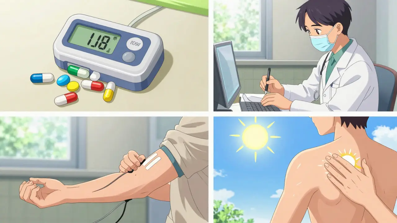 Montage of pill organizer, blood test, and sunscreen application for a transplant patient in anime style.