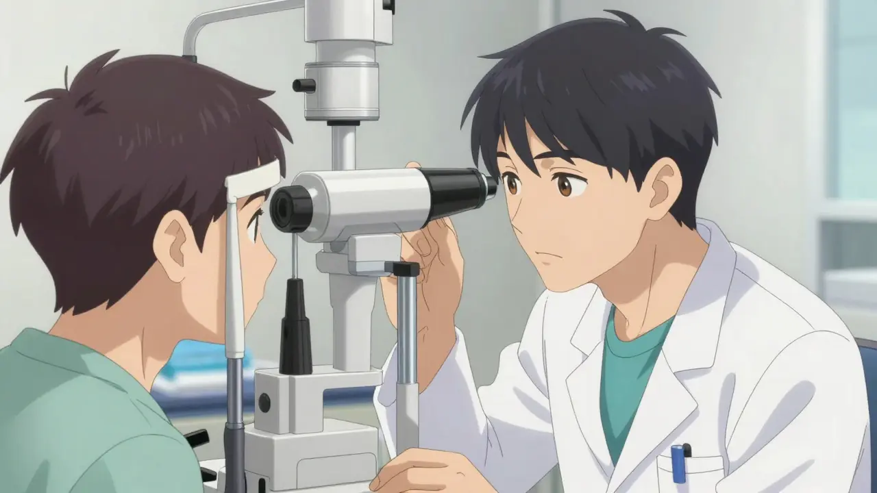 Patient receiving a professional eye pressure test in a clinic, anime rotoscope style.