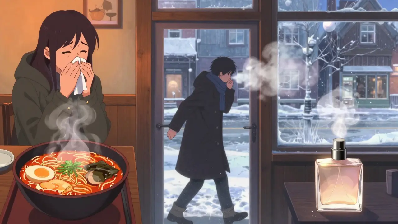 Person reacting to cold air and spicy food triggers in a split-screen scene