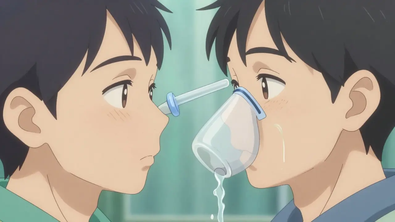 Person using a Neti pot for nasal saline irrigation for relief