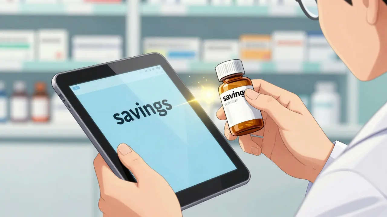 Pharmacist comparing a brand-name drug with a cost-effective generic equivalent on a tablet.