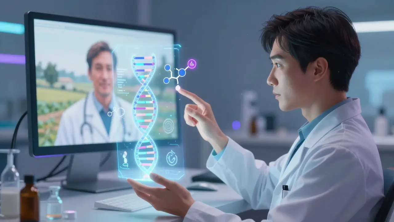 Pharmacist using a holographic DNA display for personalized genomic medicine and telehealth.