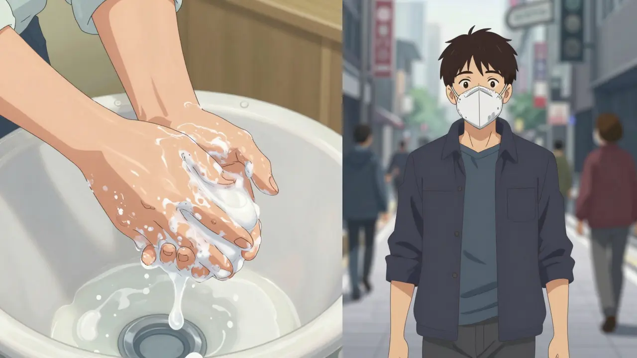 Split screen showing a person washing their hands and wearing an N95 mask in a city.