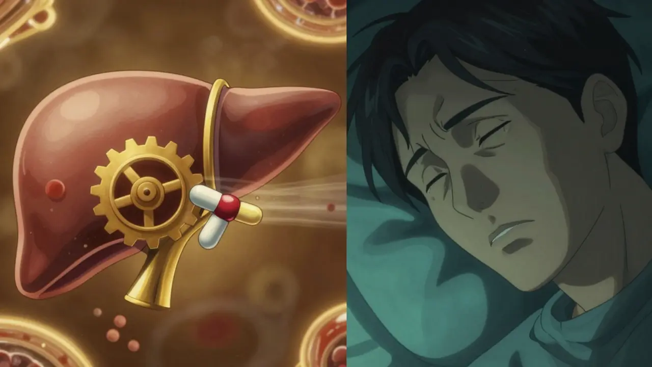 Split screen showing liver enzyme interaction and a patient's focused expression in rotoscope anime style.